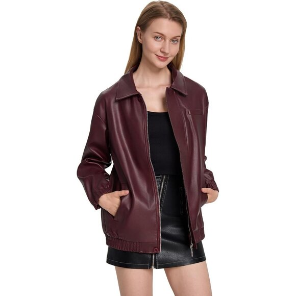 Women's Burgundy Faux Leather Zip-Up Jacket with Elastic Cuffs and Collar - Picture 5 of 6